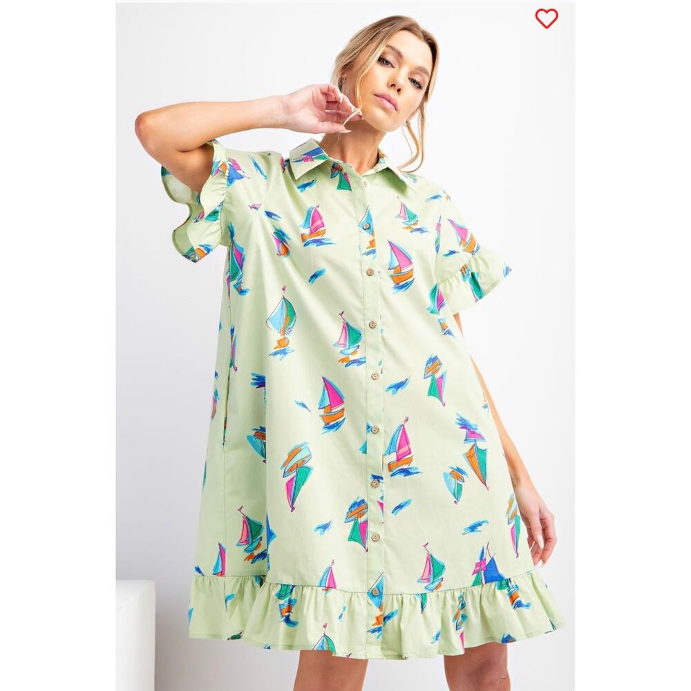 Easel - Sailboat Print Ruffle Shirt Dress - Medium - Picture 3 of 5